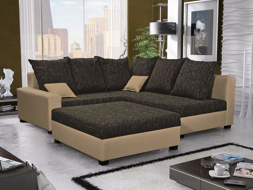 Rohová sedací souprava Monarda (tmavě hnědá + béžová) (s taburetem) (P) *výprodej