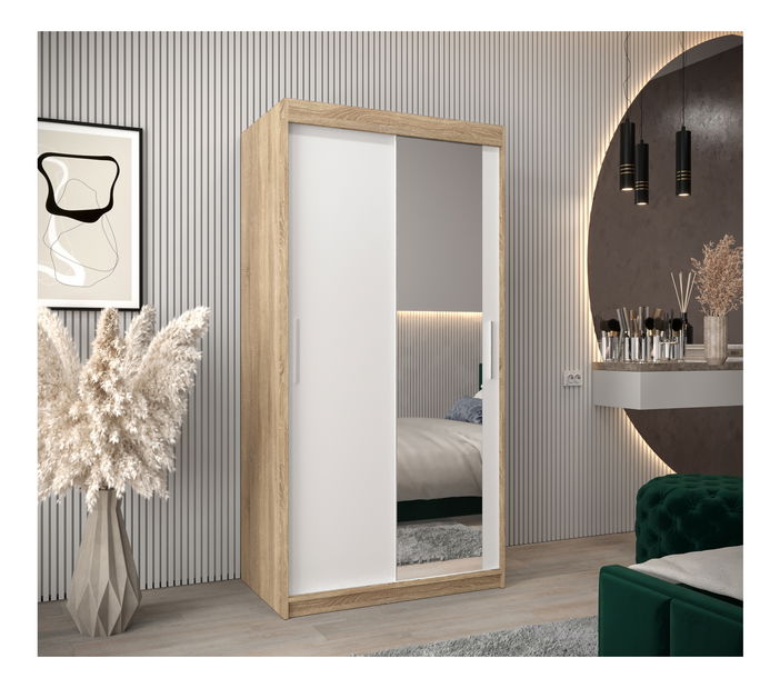 Šatní skříň 100 cm Toki 2 (Dub sonoma + Bílá matná)