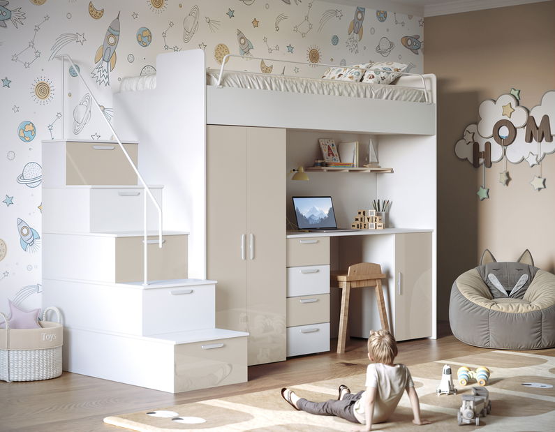Dětská postel Ruby IV S (bílá + lesk béžový) (s rošty)