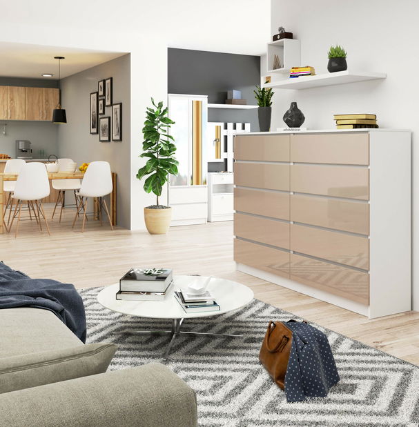 Komoda Kurtinaitis 10SZ (bílá + lesklé cappuccino)