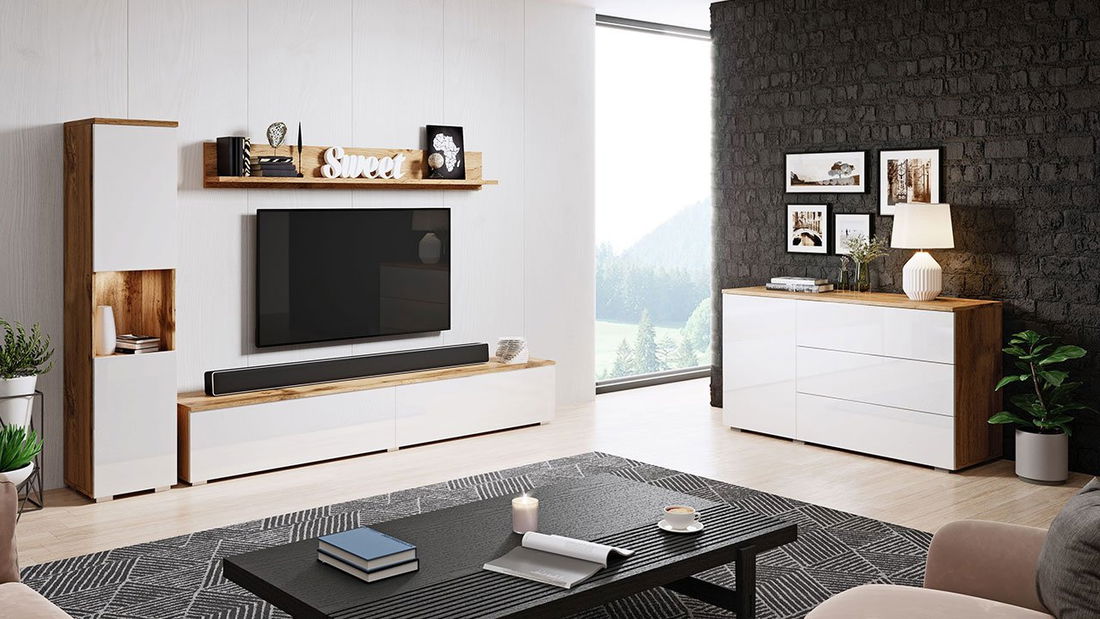 Nábytek do obývacího pokoje Nova I (wotan + bílý lesk)