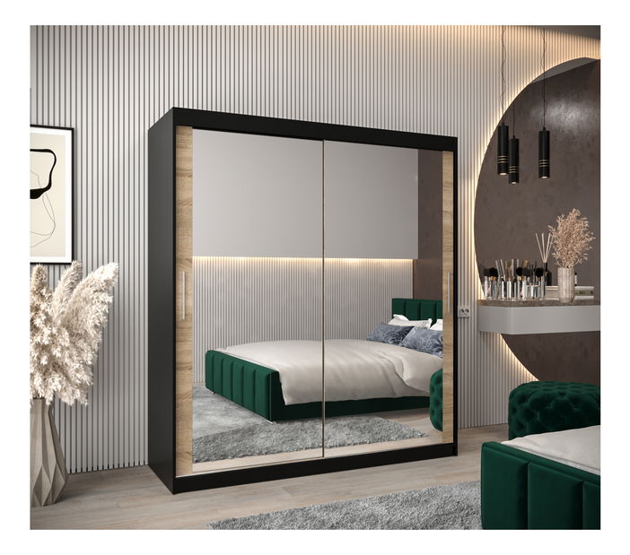 Šatní skříň 180 cm Toki 3 (Černá matná + Dub sonoma)