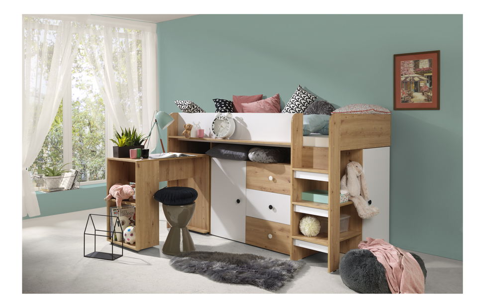 Dětská kombinovaná postel 90 cm Sami 1 (dub artisan + matná bílá + černá madla)