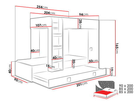 Patrová postel Tomek 2 (bílá + bílá lesklá + šedý lesk)
