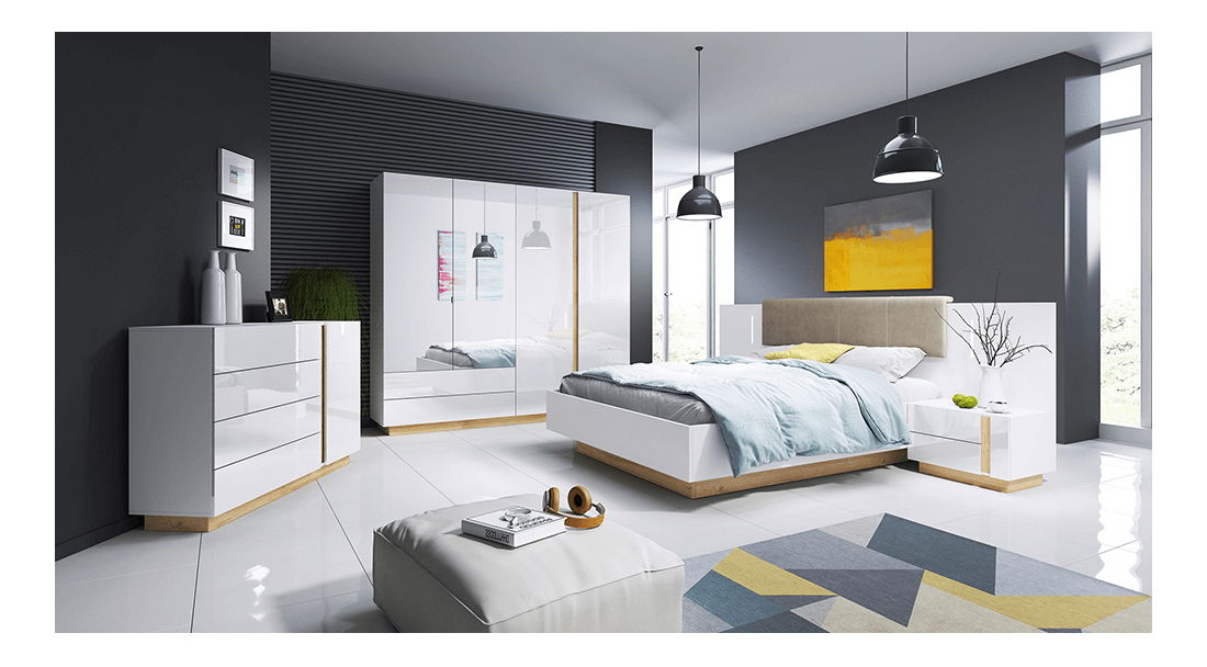 Manželská postel 160 cm Cethos (bílá + dub grandson + bílý lesk)