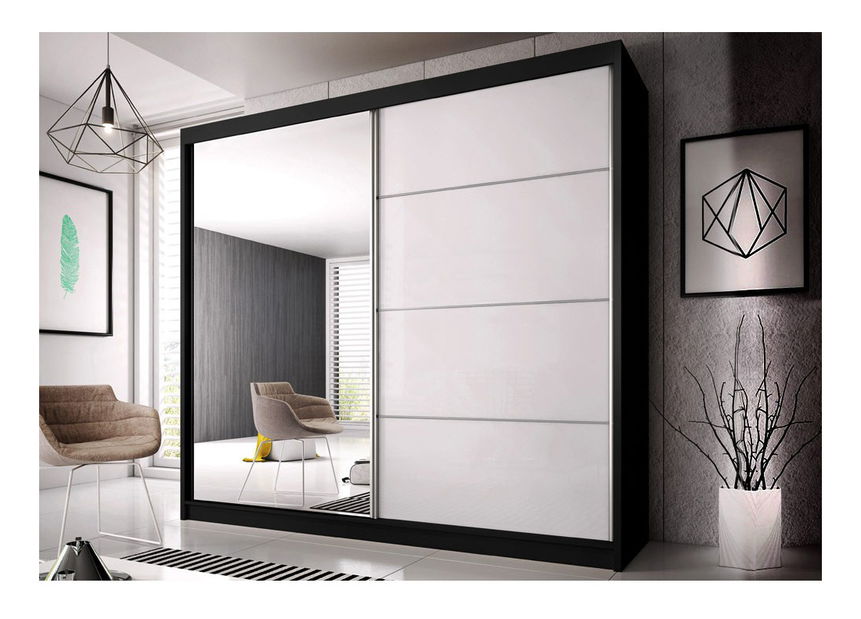 Šatní skříň Mebur 35 230 (černá + zrcátko + lesk bílý)