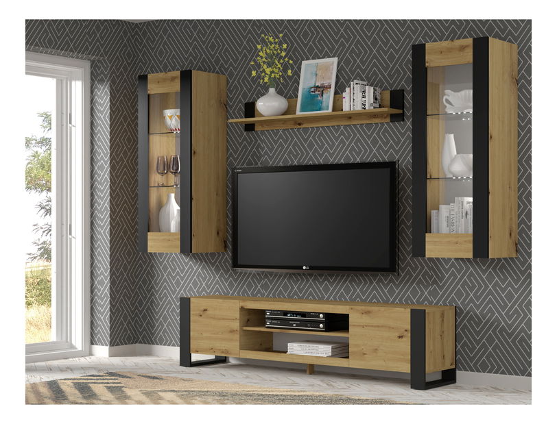 Závěsná police Montana (dub artisan + matná černá)