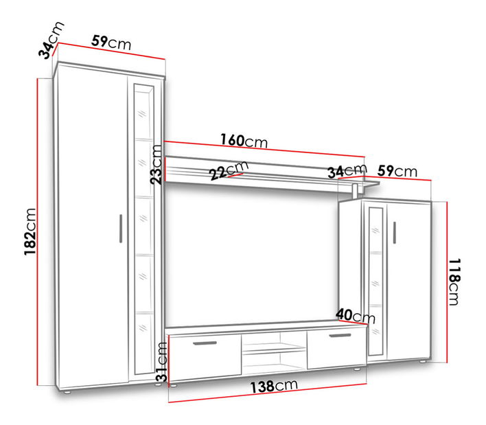 Obývací stěna Orenia (dub sonoma + černá) (osvětlení led bílé)
