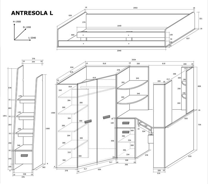 Rohová patrová postel Antresola (L) Sonoma