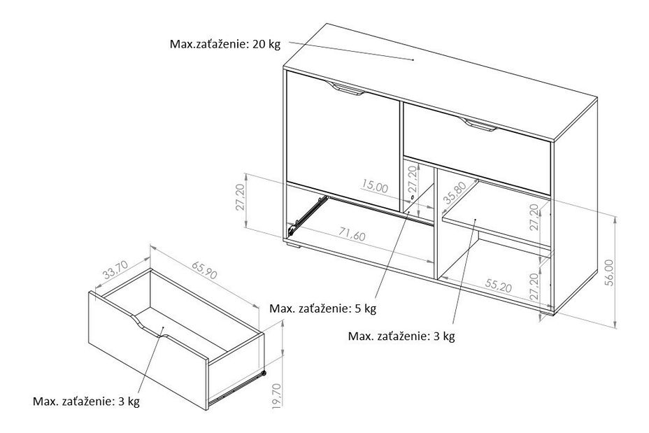 Komoda Iweta K2D2SZ (grafit + bílá matná + dub artisan)