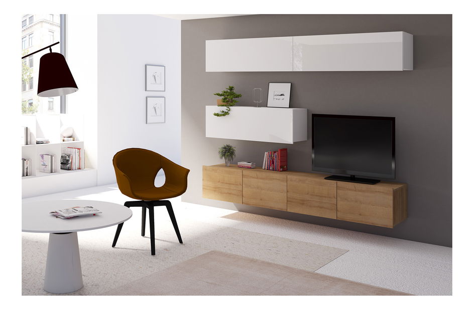 Obývací stěna Calabria C8 (bílý lesk + dub zlatý) (bez osvětlení)