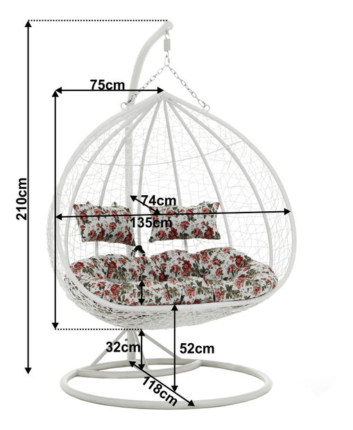 Závěsné 2-křeslo Dali (bílá + vzor květy)