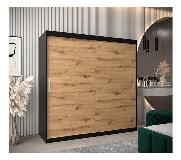 Šatní skříň 200 cm Toki (Černá matná + Dub artisan)