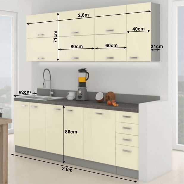 Kuchyně Primula 260 cm (šedá + lesk vysoký krémový)