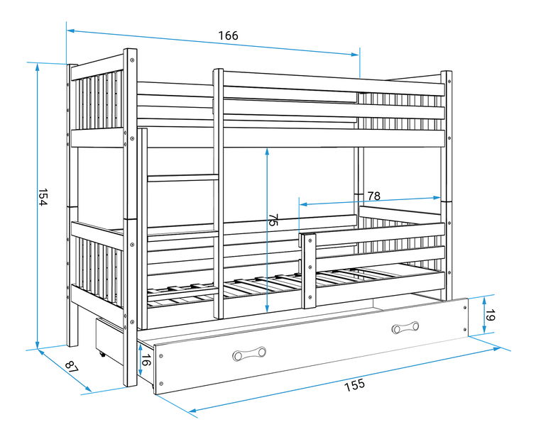 Patrová postel 80 x 160 cm Carius B (grafit + grafit) (s rošty, matracemi a úl. prostorem)