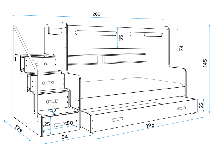 Patrová postel 120 x 200 cm Moxxo 3 (bílá + bílá) (s rošty, matracemi a úl. prostorem)