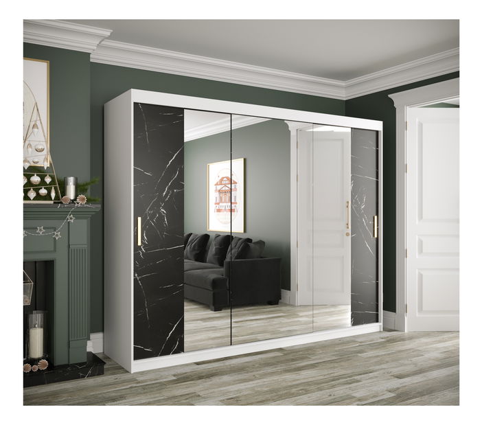 Šatní skříň 250 cm Marbelo T2 (matná bílá + černý mramor)
