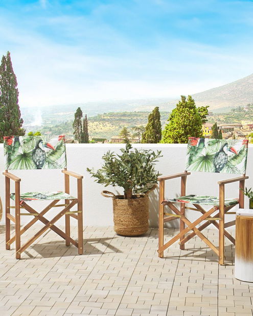 Set 2 ks zahradních lehátek s náhradními potahy Ciala (světlé dřevo + vzor tukanů)