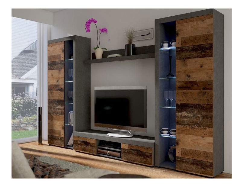 Obývací stěna Rudby XL (old wood style + matera) (bez osvětlení)