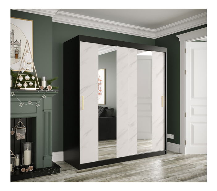 Šatní skříň 180 cm Marbelo P (matná černá + bílý mramor)