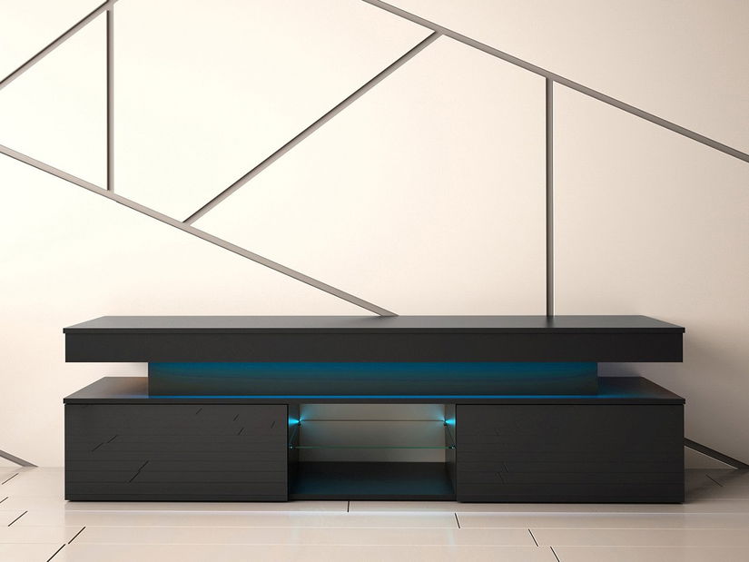 TV skříňka Lesteralo 2D 190 (černá + lesk černý) (s modrým LED osvětlením)