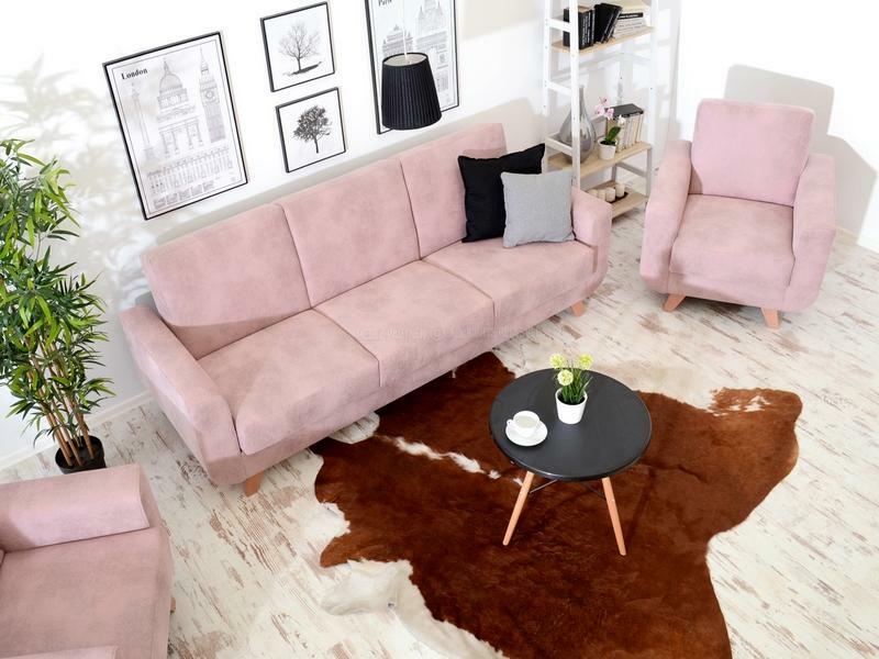 Pohovka trojsedačka Kalisz (pudrová růžová + sklo)