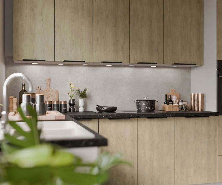 Rohová kuchyně Carminia (dub cremona + bílá)