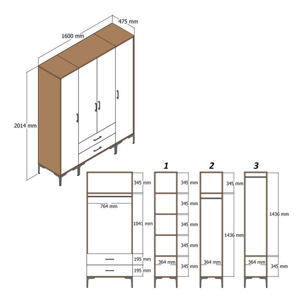 Šatní skříň Kiara PTP (ořech + krémová)