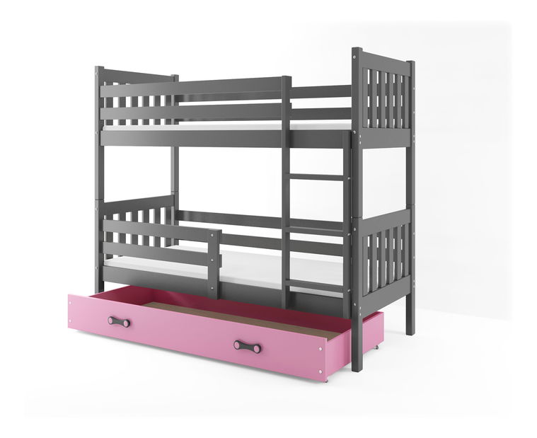 Patrová postel 80 x 160 cm Carius B (grafit + růžová) (s rošty, matracemi a úl. prostorem)