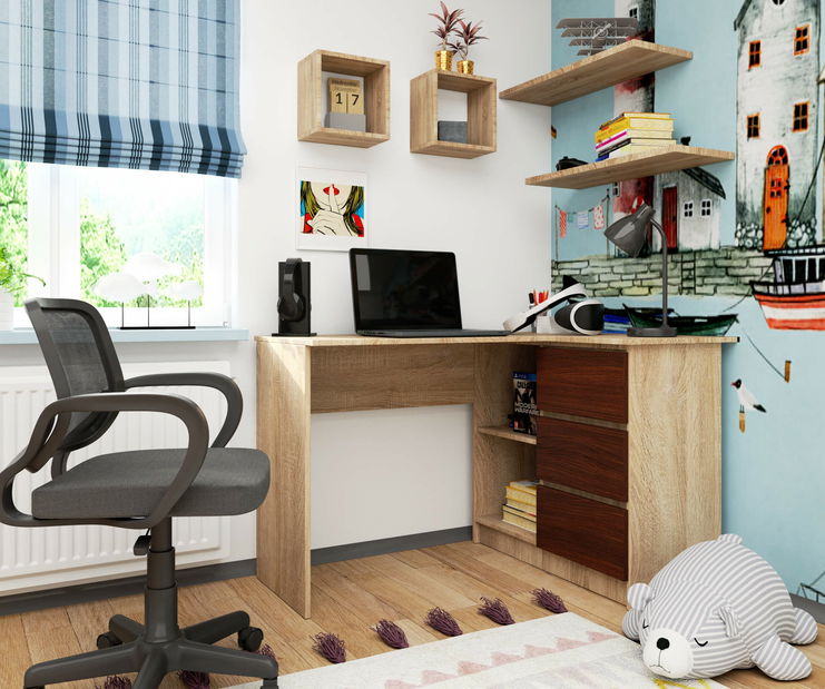 Rohový PC stolek Bodhi (dub sonoma + wenge) (P)