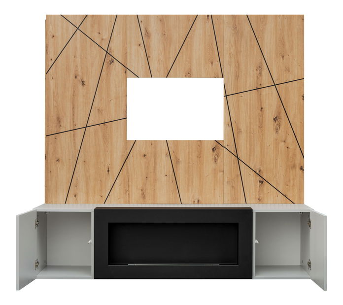 Obývací stěna Xavus G2-K (perla grey + dub artisan) (s bio krbem)