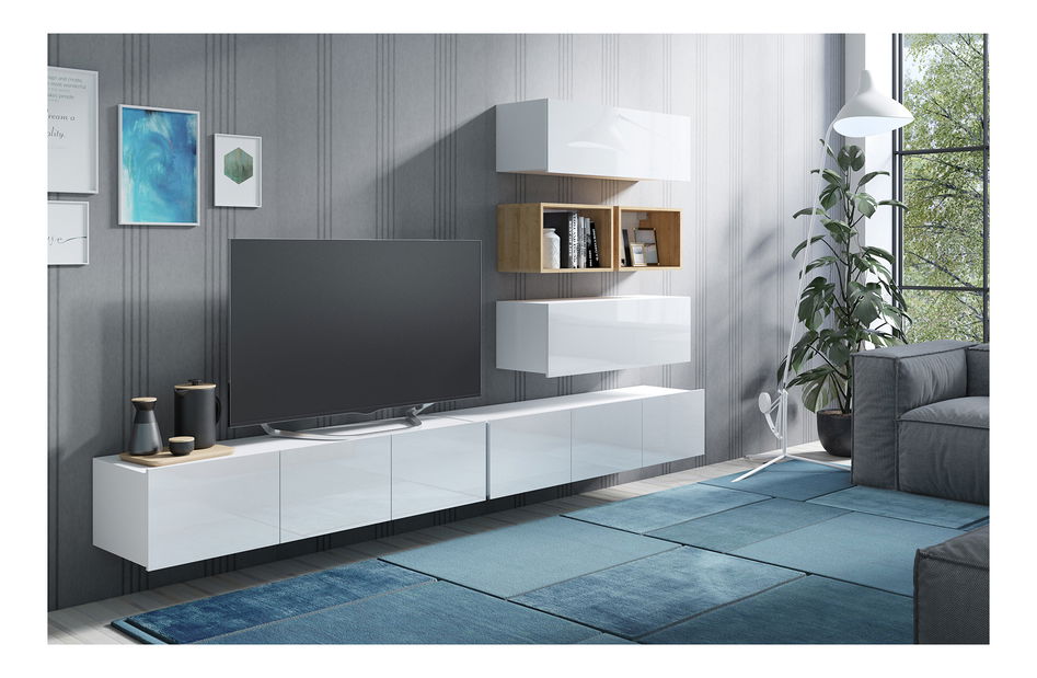 Obývací stěna Calabria C27 WHITE (bílá + dub zlatý) (bez osvětlení)