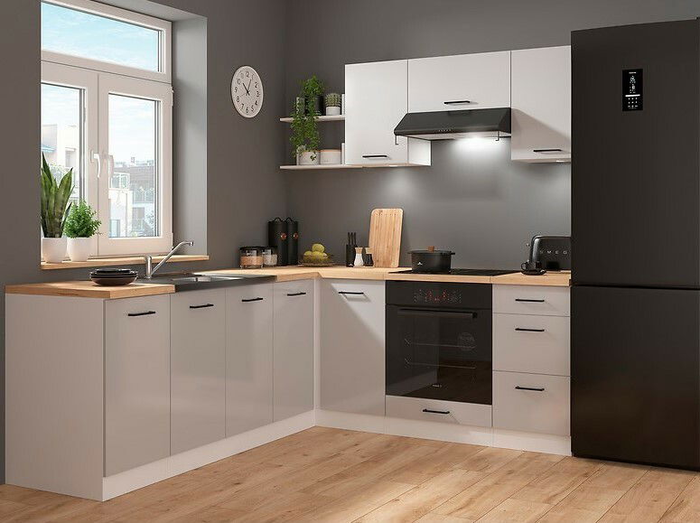 Rohová kuchyně BRW Junona Line 200 + 220 cm (bílá + lesk světle šedý)