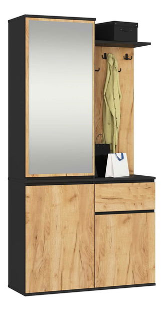 Předsíňová sestava Enteruno (černá + dub craft) (se zrcadlem)