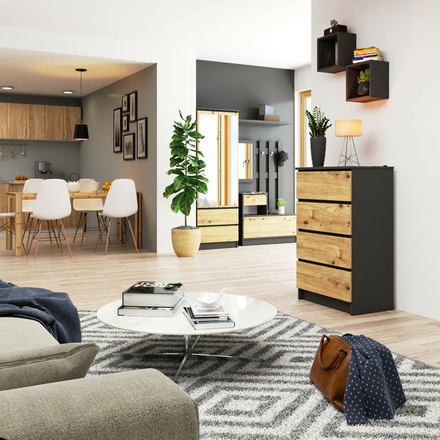 Komoda Kalista IV (grafit šedý + dub artisan)