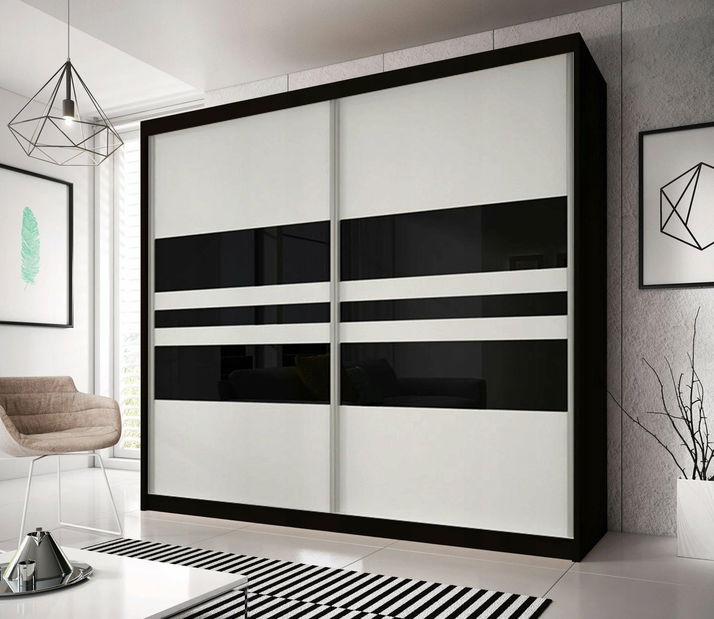 Šatní skříň Mebur 01 180 (černá + bílá + černé sklo)