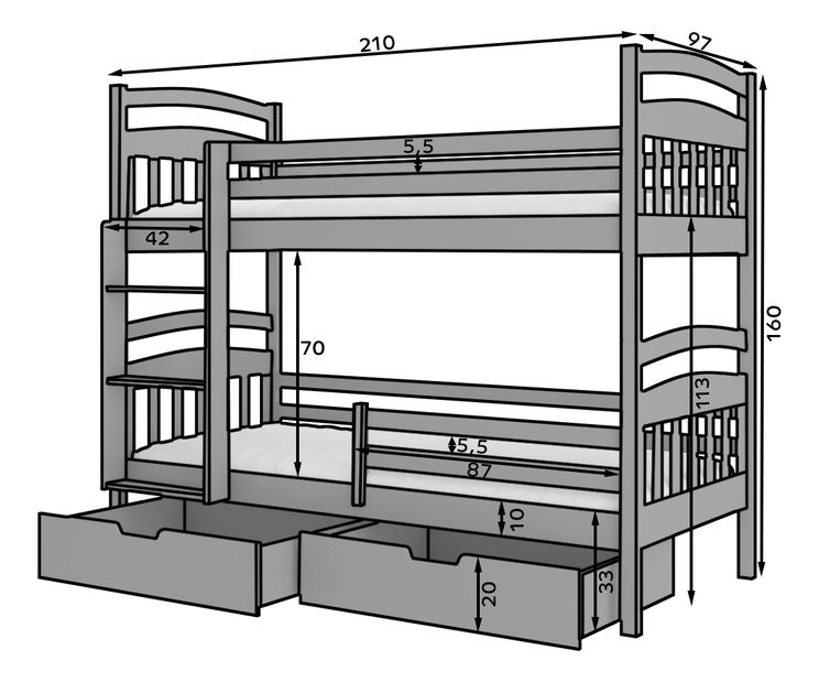 Patrová dětská postel 200x90 cm Adriana (s roštem a matrací) (bílá)
