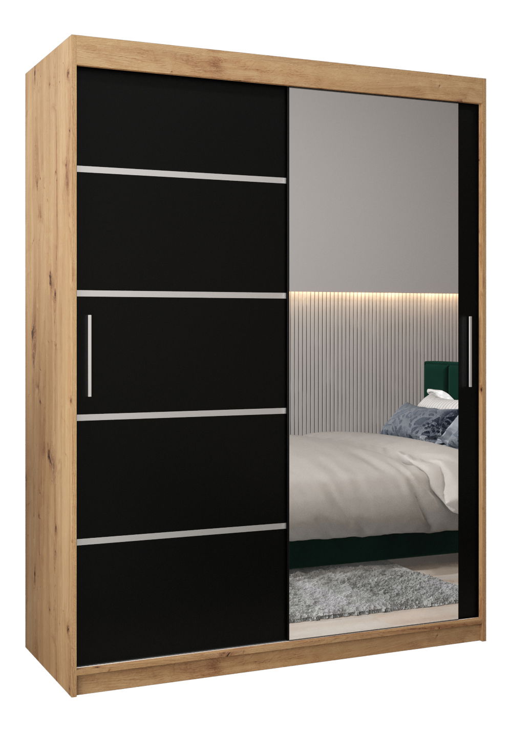 Šatní skříň 150 cm se zrcadlem Verika 2 150 (dub artisan + černá)