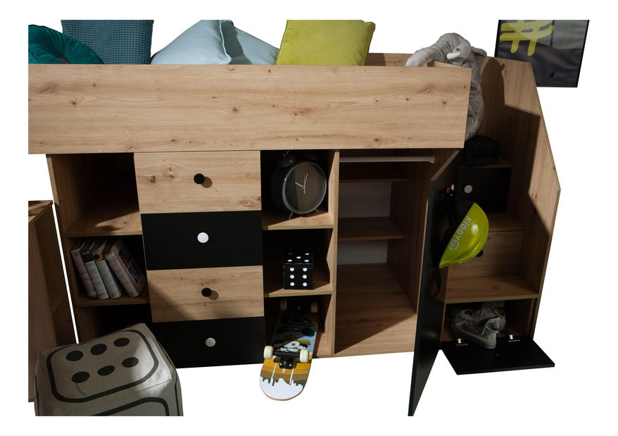 Dětská kombinovaná postel 90 cm Sami 3 (dub artisan + matná bílá + černá madla) (L)