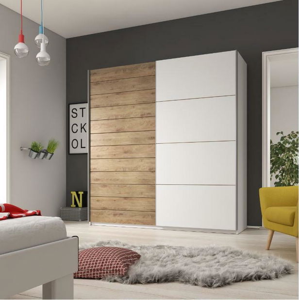 Šatní skříň s posuvnými dveřmi Afrodita EA19 (bílá + dub beaufort)
