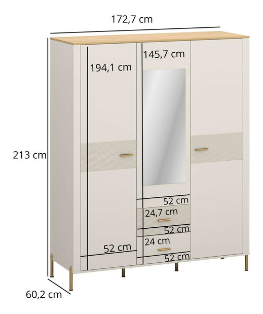 Šatní skříň Reiteradas (kašmír + dub kamenný) (se zrcadlem)