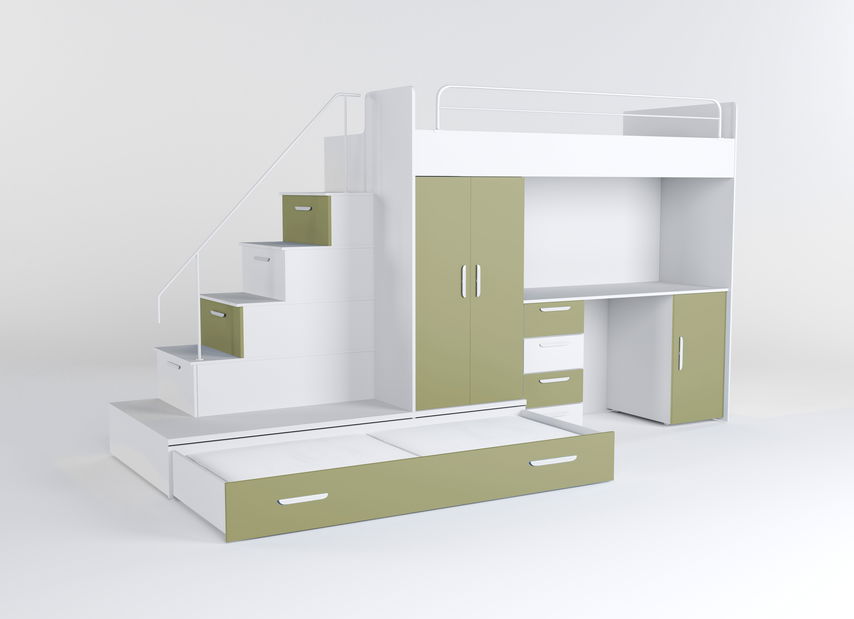 Dětská postel Ruby V (bílá + olivová) (s rošty)