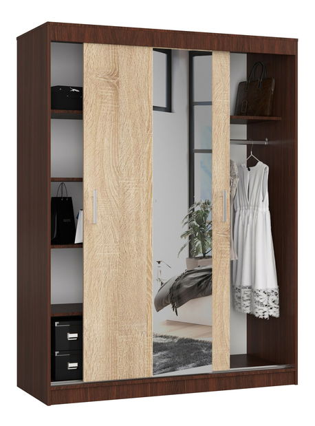 Šatní skříň Clotilde (wenge + dub sonoma) (se zrcadlem)