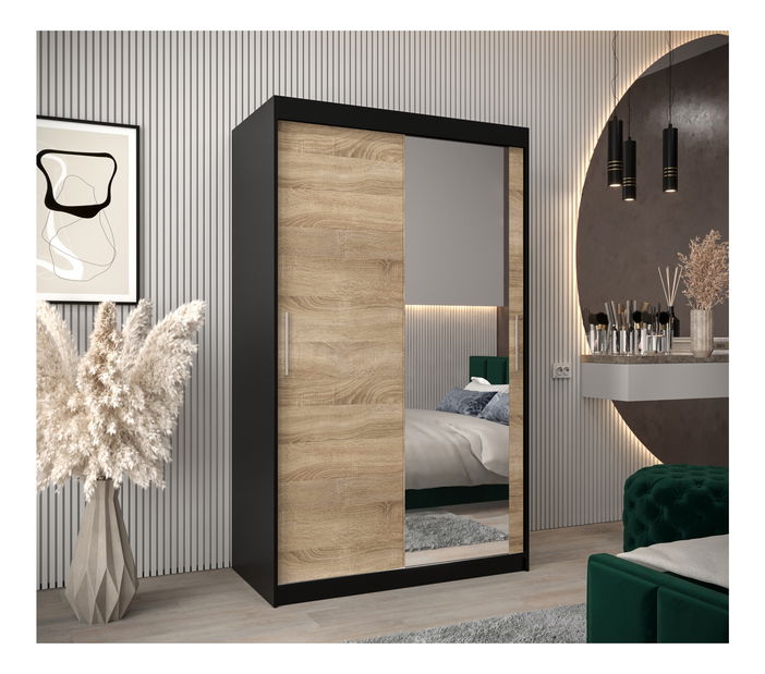 Šatní skříň 120 cm Toki 2 (Černá matná + Dub sonoma)