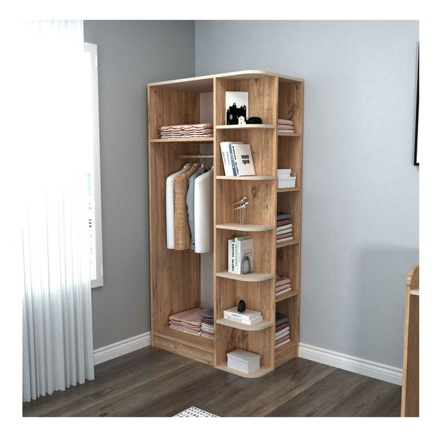 Rohová šatní skříní Lusia (borovice atlantická + béžová)