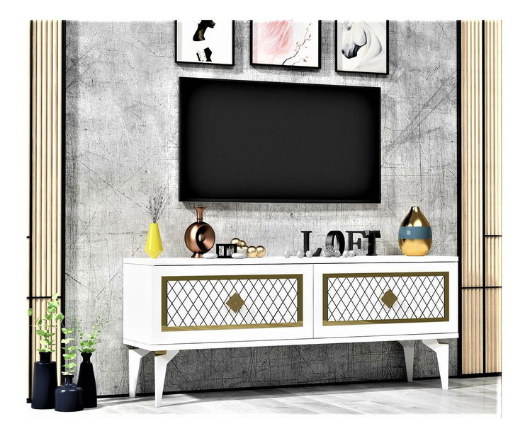 TV stolek/skříňka Mukanu (bílá + zlatá)