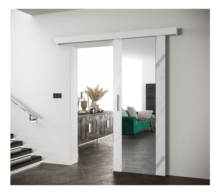 Posuvné dveře 90 cm Sharlene II (mramor bílý + bílá matná + stříbrná) (se zrcadlem)