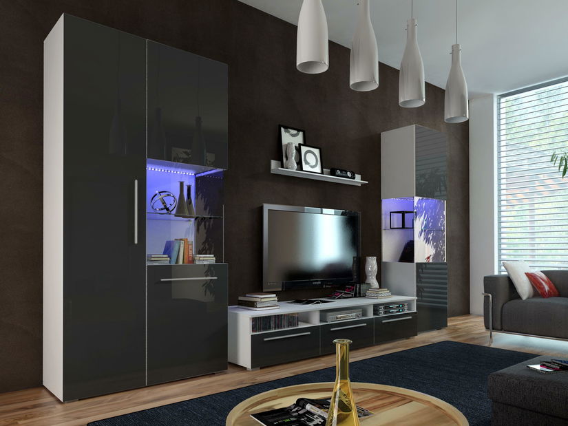 Obývací stěna Nivel I (bílá + lesk černý) (s osvětlením)