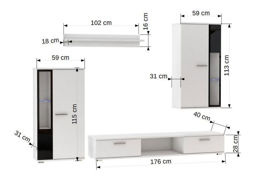 Obývací stěna Levan (bílá lesklá + černá lesklá) (s osvětlením)