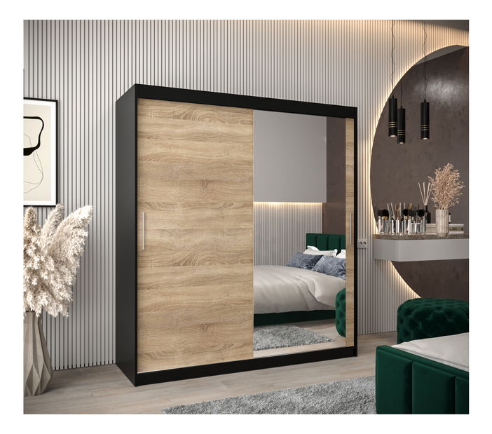 Šatní skříň 180 cm Toki 2 (Černá matná + Dub sonoma)